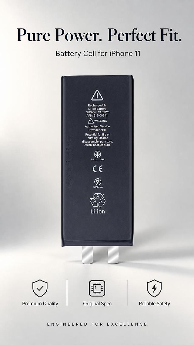 High-end minimalist product poster for iPhone 11 Battery Cell, ultra clean premium style. The battery cell product 100% restores the shape, packaging, printed text, structure, proportions, material texture, and color of the uploaded product images, using the uploaded images as the sole product source; design only affects background, lighting, props, layout, and text areas. The battery cell is centered in the frame, shown in a clean front view with soft side lighting. Background is a subtle light gray to off-white gradient with extremely soft shadows. Large elegant English headline at top: "Pure Power. Perfect Fit." Below it smaller subtitle: "Battery Cell for iPhone 11". Bottom area has three minimalist feature labels with thin line icons: "Premium Quality", "Original Spec", "Reliable Safety". Bottom text: "ENGINEERED FOR EXCELLENCE". Lots of white space, sophisticated typography, editorial design feel, soft natural lighting, matte finish aesthetic, ultra high definition product photography. All text in English. Refined and beautiful layout. Product body occupies 55%-75% of the frame, text does not obscure the main product.画面中所有信息区域必须填充完整合理的内容，不得出现空白框、空白占位、横线待填写区域、空列表项、空单元格；确保是完整可用的成品海报而非待填写模板。