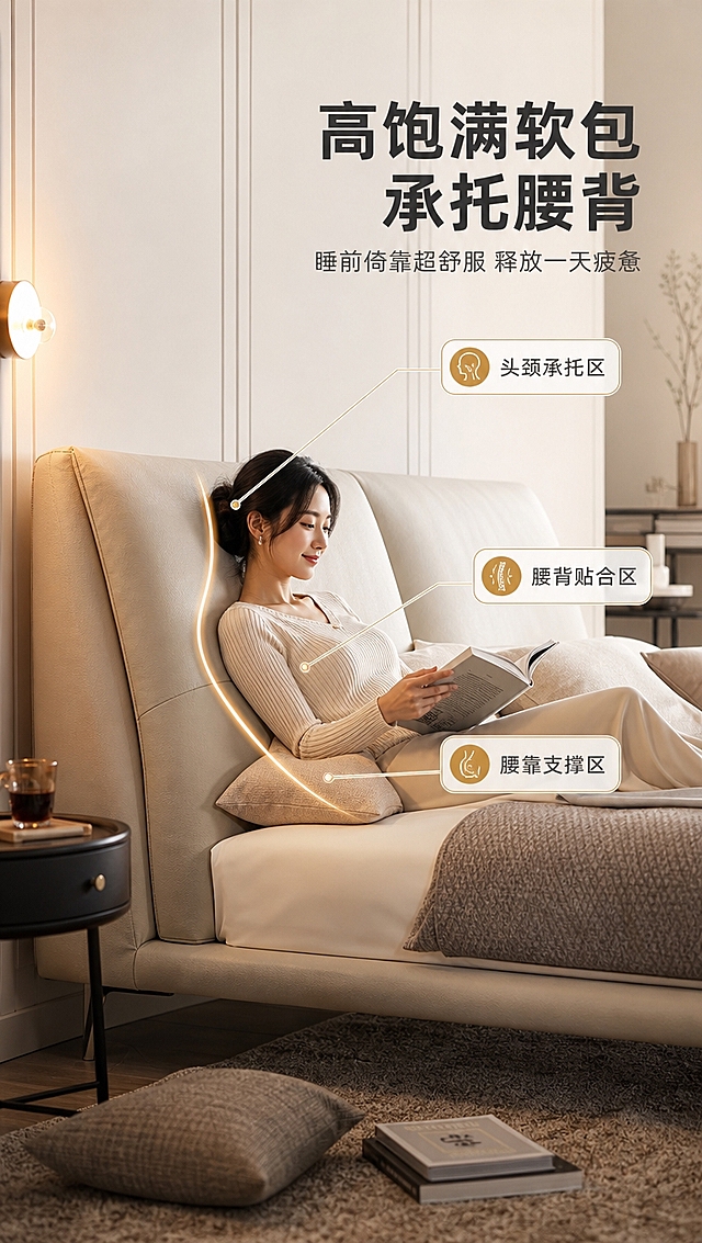 [商品] 使用【图1】意式轻奢高饱满软包床；保留双段式软包床头、低床架、金属高脚、浅米色面料、整体结构比例；商品处理：增强床头软包饱满度与面料质感，缝线清晰，不改变版型结构。
[画面] 目标：突出高饱满软包靠背的承托舒适感。人物互动场景，一位亚洲女性半躺靠在床头上看书，姿态自然放松，背部与床头贴合；床头占据画面中心偏上，占画面约55%；侧视角度，清晰展示靠背弧度与人体腰背曲线；叠加柔和的承托弧线标注；前景有抱枕与书籍，背景为卧室墙面与壁灯；暖调自然光，温馨舒适。
[视觉] 套系策略：风格=现代轻奢高级商业摄影；标题字=现代无衬线粗体中文；正文字=简洁无衬线体；主色=暖白+浅奶茶灰；背景延展=基于暖白与浅奶茶灰做深浅层级、同色渐变和细腻墙面/织物质感；强调色=暖金色，仅用于小面积图标、引线和标签；标题色=深炭灰；正文色=中暖灰；组件=圆角浅底信息卡、细线引线、金色点缀图标；光影=侧前暖柔光，明亮通透。
[文字] 右上文案区：主标题「高饱满软包 承托腰背」，副标题「睡前倚靠超舒服 释放一天疲惫」；下方3个引线标注指向床头不同部位：「头颈承托区」「腰背贴合区」「腰靠支撑区」；文字不遮挡人物与床头主体。
[规格] 图片比例9:16竖版，4K分辨率，避免变形、错字、文字过小、冷蓝/蓝灰背景、床颜色改变、结构失真、极限词。