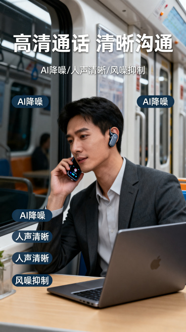 蓝牙耳机高清通话功能详情图，办公通勤场景，突出AI降噪、人声清晰、风噪抑制卖点，整体风格简洁专业，适合电商详情页预览效果