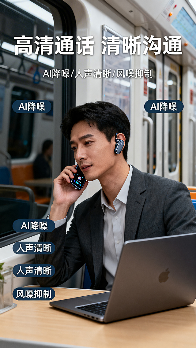 蓝牙耳机高清通话功能详情图，办公通勤场景，突出AI降噪、人声清晰、风噪抑制卖点，整体风格简洁专业，适合电商详情页