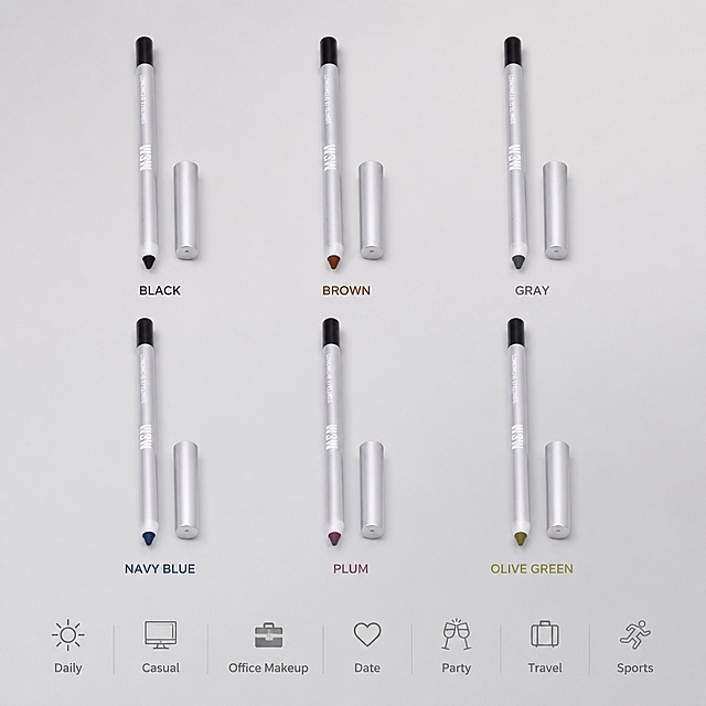 「图片1」，生成一套主图（5张），商品名称是W3W Colored Waterproof Gel Eyeliner Pen, 24H Long Lasting Smudge-Proof Eyeliner, Smooth Rich Color Payoff, Retractable Design with Built-In Sharpener, Beginner Friendly Daily Makeup Eye Liner，卖点是24-Hour Long-Lasting Wear
Featuring a premium, highly pigmented formula, this eyeliner locks in color firmly without fading, dulling or transferring. It delivers flawless, intact eye makeup that lasts from morning till night for all-day perfect looks.
Professional Waterproof & Smudge-Proof Performance
Effectively resistant to water, sweat, tears and facial oil, it fits oily eyelids perfectly. No smudging or creasing even on rainy days, during workouts and outdoor activities, keeping your eye makeup crisp all the time.
All-In-One Design with Built-In Sharpener
Equipped with a hidden mini sharpener on the cap, no extra sharpening tools are required. You can freely sharpen the tip anytime to create ultra-fine delicate lines for daily subtle makeup or thick bold lines for stunning dramatic eye looks.
Safe Retractable Twist Design
Adopts a user-friendly twist-up and retractable structure for easy application and storage. It effectively prevents pencil breakage, allowing quick makeup touch-ups on the go, and is lightweight and portable for travel and outdoor use.
Ultra Smooth & Beginner-Friendly
Boasts a soft, creamy gel texture that glides smoothly along the lash line without pulling or skipping. Super easy to control, even makeup beginners can effortlessly create precise wing liners and natural, delicate eye makeup.
Versatile Multicolor Options
Comes with a variety of classic and trendy shades to choose from. It matches multiple makeup styles, including daily casual looks, elegant office makeup, gorgeous party and sweet date eye looks.
Wide Application Scenarios
Perfect for everyday casual wear, office makeup, dates, parties, travel, sports and outdoor activities. Suitable for all skin types and eye conditions. It is a must-have essential makeup tool for beauty enthusiasts, makeup beginners and professional makeup artists.「图片1」「图片1」「图片1」「图片1」「图片1」「图片1」「图片1」「图片1」「图片1」，适配亚马逊/跨境平台，主图比例为1:1