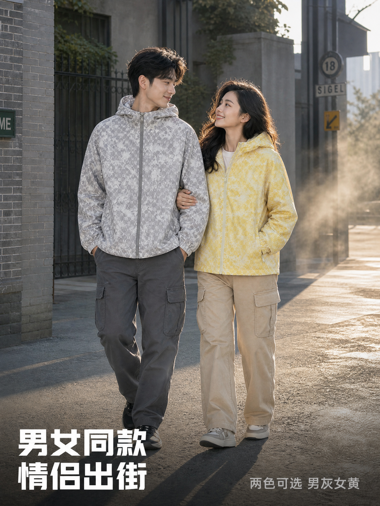 图生图，第三张，男女情侣模特同框展示，户外工业风城市街拍，与首… - 图片创意预览