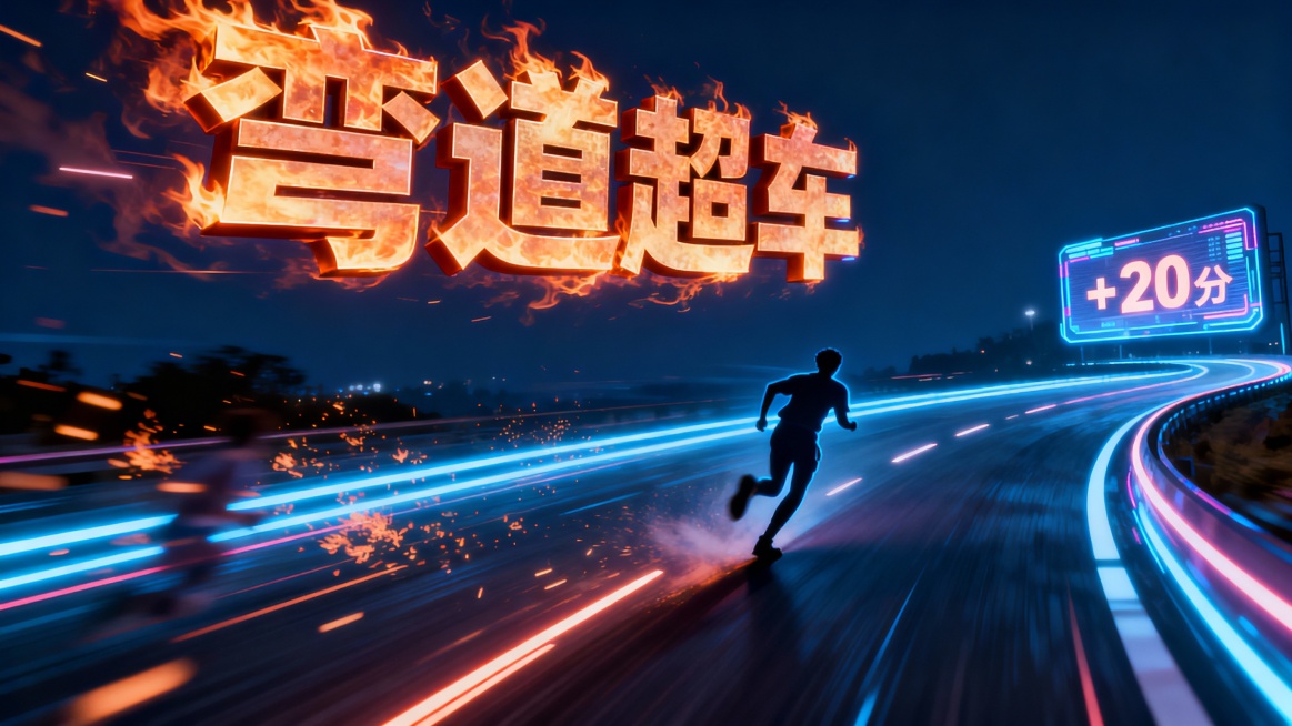 [image-一条发光的赛道在黑夜中延伸，一个代表考生的光影人物正在最后一个急转弯处超越前方的模糊身影，赛道旁边的虚拟屏幕上显示着“+20分”的字样，空中悬浮着火焰燃烧效果的立体文字**“弯道超车”*预览效果