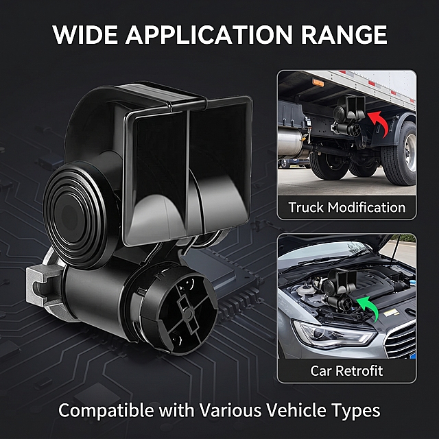 [主图 6] Different application scenarios for car air horn. Show two small thumbnails on the right: one for truck modification, one for car retrofit. Left large view shows the main product. Keep original product appearance consistent with input image. Minimalist tech style background, clear visual hierarchy, all descriptions in English. Show the wide application range for different vehicles. 1:1 square, 2048px, 2K resolution. Negative prompt: deformation, text clutter, Chinese characters, product distortion