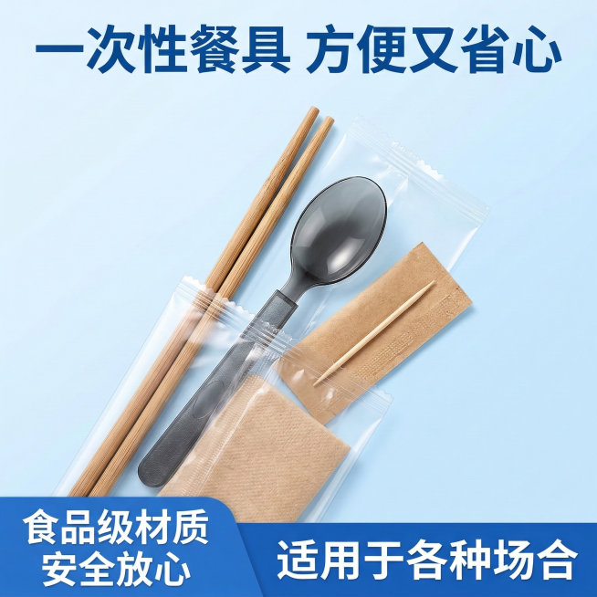 一次性筷子四件套电商主图，1:1比例。顶部核心信息区主标题为“一次性餐具 方便又省心”，蓝色粗体字。中部商品展示区居中放置上传的一次性筷子四件套产品，半拆开包装袋展示内部的筷子、勺子、牙签、纸巾四件物预览效果