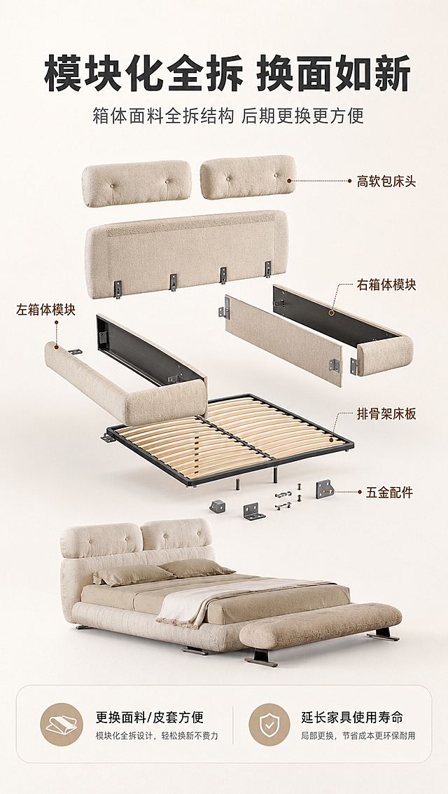 [商品] 使用【图2】床结构箱体全拆示意图+【图1】产品外观；保留【图2】的模块化拆分结构：床头靠包、左右箱体、床板、五金配件的拆分关系；保留【图1】的浅米色布艺皮外观与整体造型；商品处理：将线稿结构示意图升级为3D立体爆炸效果，面料部分还原为真实布艺皮材质，结构拆分清晰，部件完整。
[画面] 目标：结构拆解页，展示模块化箱体全拆可换面料的核心优势。中央爆炸式拆解构图，床头靠包、左右箱体、床板、五金件分层展开，各部件之间用细线连接标注名称；背景为浅米白渐变，底部配结构说明文案；光线均匀明亮，突出各部件独立可拆的结构逻辑。
[视觉] 套系策略：风格=意式简约高级商业摄影；标题字=现代无衬线粗体；正文字=简洁无衬线体；主色=浅米白；背景延展=基于浅米白做深浅层级、同色渐变和细腻织物/哑光墙面质感；强调色=暖驼色，仅用于小面积图标、引线和标签；标题色=深炭灰；正文色=中暖灰；组件=圆角浅底信息卡、细线引线、胶囊卖点框；光影=右前侧暖柔光，明暗过渡自然。
[文字] 顶部主标题「模块化全拆 换面如新」（8字），副标题「箱体面料全拆结构 后期更换更方便」（14字）；各部件引线标注：「高软包床头」「左箱体模块」「右箱体模块」「排骨架床板」「五金配件」；底部2个利益点：「更换面料/皮套方便」「延长家具使用寿命」。
[规格] 图片比例9:16竖版，4K分辨率，负向提示：避免变形、错字、文字过小、冷蓝/冷灰背景、结构错乱、缺件少件、水印、二维码。