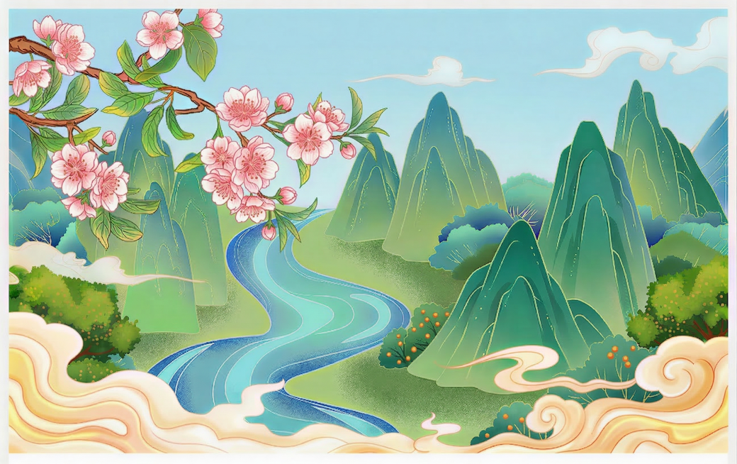 参考参考图的国潮插画风格，生成一张相似的桃花插图，保留浅蓝天空、青绿山水、河流祥云、国潮祥云边框，将桃子替换为盛开的粉色桃花枝，保持整体构图、配色、风格一致预览效果