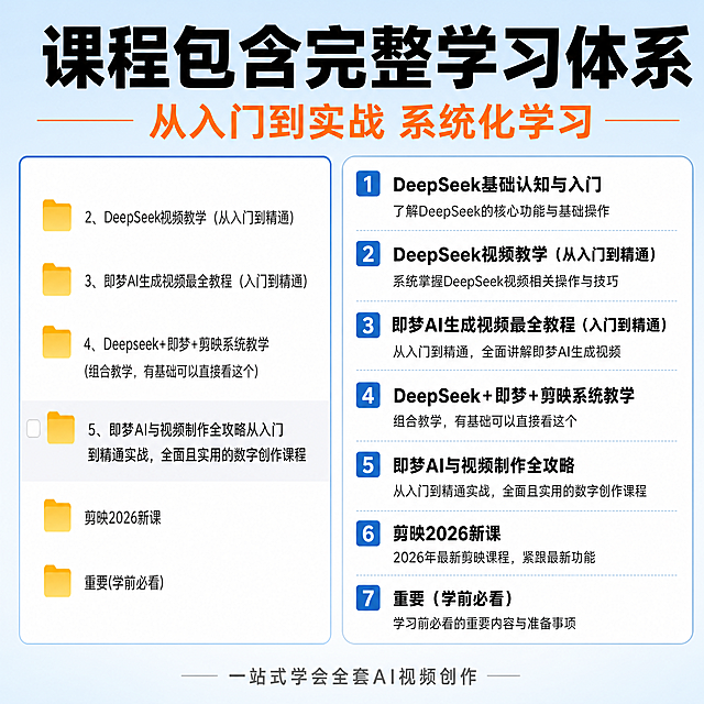 「图片1」，生成电商主图（10张），第 1 张（主图・点击率核心）
核心思路：直击新手最大痛点「学了单个工具还是不会做完整视频」，突出三合一联动优势
视觉元素：浅蓝渐变背景，左边是三个分开的工具图标（DeepSeek / 即梦 / 剪映）加红色斜杠，右边是三个图标用箭头连成闭环加绿色对勾
文字内容：
主标题（超大粗白字）：一套搞定 AI 做视频全流程
副标题（橙色加粗）：DeepSeek + 即梦 + 剪映 系统教学
底部小字：24 小时自动发货 永久观看
AI 作图提示词：
拼多多电商主图，正方形 1080x1080，浅蓝渐变背景，左边是三个分开的软件图标（DeepSeek / 即梦 / 剪映）加红色斜杠，右边是三个图标用白色箭头连成闭环加绿色对勾，顶部超大粗白字标题 "一套搞定 AI 做视频全流程"，下方橙色加粗副标题 "DeepSeek + 即梦 + 剪映 系统教学"，底部蓝色条带写白色小字 "24 小时自动发货 永久观看"，字体清晰醒目，无多余装饰，电商风格
第 2 张（核心差异化・三工具联动）
核心思路：展示完整工作流，让用户一眼看懂三个工具怎么配合用
视觉元素：白色背景，横向三步流程图，每个步骤配对应软件界面截图
文字内容：
主标题：AI 做视频 三步搞定
流程文字：
DeepSeek 写脚本和提示词
即梦一键生成视频
剪映自动剪辑加字幕
底部：不用自己写文案 不用自己拍素材
AI 作图提示词：
拼多多电商主图，正方形 1080x1080，纯白色背景，中间横向三步白色圆角流程图，每个步骤配对应软件界面小截图，顶部黑色粗体大标题 "AI 做视频 三步搞定"，流程图下方标注黑色文字 "1.DeepSeek 写脚本和提示词 2. 即梦一键生成视频 3. 剪映自动剪辑加字幕"，底部灰色小字 "不用自己写文案 不用自己拍素材"，排版整齐
第 3 张（零基础友好・打消顾虑）
核心思路：突出零门槛，解决新手 "怕学不会" 的核心焦虑
视觉元素：浅橙色背景，中间是一个卡通人物对着电脑轻松微笑，电脑屏幕显示 "一键生成"
文字内容：
主标题：零基础也能做 AI 视频
副标题：手把手实操教学 每一步都有演示
底部：从软件安装到出片 全程讲解
第 1 张（主图・点击率核心）
核心思路：直击新手最大痛点「学了单个工具还是不会做完整视频」，突出三合一联动优势视觉元素：浅蓝渐变背景，左边是三个分开的工具图标（DeepSeek / 即梦 / 剪映）加红色斜杠，右边是三个图标用箭头连成闭环加绿色对勾文字内容：
主标题（超大粗白字）：一套搞定 AI 做视频全流程
副标题（橙色加粗）：DeepSeek + 即梦 + 剪映 系统教学
底部小字：24 小时自动发货 随时观看AI 作图提示词：拼多多电商主图，正方形 1080x1080，浅蓝渐变背景，左边是三个分开的软件图标（DeepSeek / 即梦 / 剪映）加红色斜杠，右边是三个图标用白色箭头连成闭环加绿色对勾，顶部超大粗白字标题 "一套搞定 AI 做视频全流程"，下方橙色加粗副标题 "DeepSeek + 即梦 + 剪映 系统教学"，底部蓝色条带写白色小字 "24 小时自动发货 随时观看"，字体清晰醒目，无多余装饰，电商风格
第 2 张（核心差异化・三工具联动）
核心思路：展示完整工作流，让用户一眼看懂三个工具怎么配合用视觉元素：白色背景，横向三步流程图，每个步骤配对应软件界面截图文字内容：
主标题：AI 做视频 三步搞定
流程文字：
1.DeepSeek 写脚本和提示词
2.即梦一键生成视频
3.剪映自动剪辑加字幕
底部：不用自己写文案 不用自己拍素材AI 作图提示词：拼多多电商主图，正方形 1080x1080，纯白色背景，中间横向三步白色圆角流程图，每个步骤配对应软件界面小截图，顶部黑色粗体大标题 "AI 做视频 三步搞定"，流程图下方标注黑色文字 "1.DeepSeek 写脚本和提示词 2. 即梦一键生成视频 3. 剪映自动剪辑加字幕"，底部灰色小字 "不用自己写文案 不用自己拍素材"，排版整齐
第 3 张（零基础友好・打消顾虑）
核心思路：突出零门槛，解决新手 "怕学不会" 的核心焦虑视觉元素：浅橙色背景，中间是一个卡通人物对着电脑轻松微笑，电脑屏幕显示 "一键生成"文字内容：
主标题：零基础也能做 AI 视频
副标题：手把手实操教学 每一步都有演示
底部：从软件安装到出片 全程讲解AI 作图提示词：拼多多电商主图，正方形 1080x1080，浅橙色渐变背景，中间是简约卡通人物对着电脑轻松微笑的插画，电脑屏幕显示 "一键生成" 字样，顶部黑色粗体大标题 "零基础也能做 AI 视频"，下方橙色加粗副标题 "手把手实操教学 每一步都有演示"，底部灰色小字 "从软件安装到出片 全程讲解"，风格亲切易懂
第 4 张（即梦效果展示・直观说服力）
核心思路：用真实生成效果说话，让用户直观看到能做出什么视觉元素：白色背景，2x3 网格排版，放 6 张不同风格的 AI 视频截图（风景 / 人物 / 动漫 / 美食 / 城市 / 古风）文字内容：
主标题：即梦 AI 生成视频效果展示
副标题：多种风格 输入文字即可生成
底部：支持高清导出 无水印AI 作图提示词：拼多多电商主图，正方形 1080x1080，纯白色背景，中间 2x3 网格排列 6 张不同风格的 AI 视频截图（风景 / 人物 / 动漫 / 美食 / 城市 / 古风），顶部黑色粗体大标题 "即梦 AI 生成视频效果展示"，下方橙色副标题 "多种风格 输入文字即可生成"，底部灰色小字 "支持高清导出 无水印"，截图清晰无遮挡
第 5 张（DeepSeek 用法・拓展价值）
核心思路：展示 DeepSeek 不止能聊天，还能辅助视频创作全流程视觉元素：浅灰色背景，左边是 DeepSeek 聊天界面截图（显示写视频脚本的对话），右边是生成的视频分镜截图文字内容：
主标题：DeepSeek 帮你写脚本和提示词
副标题：选题 / 脚本 / 台词 / 提示词 一键生成
底部：不用自己动脑想内容AI 作图提示词：拼多多电商主图，正方形 1080x1080，浅灰色简约背景，左边是 DeepSeek 聊天界面截图（显示写视频脚本的对话内容），右边是 3 张 AI 视频分镜小截图，顶部黑色粗体大标题 "DeepSeek 帮你写脚本和提示词"，下方橙色副标题 "选题 / 脚本 / 台词 / 提示词 一键生成"，底部灰色小字 "不用自己动脑想内容"
第 6 张（剪映 2026 新课・时效性卖点）
核心思路：突出剪映新版本教程，区别于同行的旧内容视觉元素：深紫色背景，中间是剪映 2026 的 logo，周围环绕 4 个功能图标（智能剪辑 / AI 字幕 / 一键成片 / 特效库）文字内容：
主标题：剪映 2026 新版教程
副标题：包含所有 AI 新功能 实操演示
底部：从入门到精通 快速上手AI 作图提示词：拼多多电商主图，正方形 1080x1080，深紫色渐变背景，中心是剪映 2026 软件 logo，周围环绕 4 个白色功能图标（智能剪辑 / AI 字幕 / 一键成片 / 特效库），顶部白色粗体大标题
