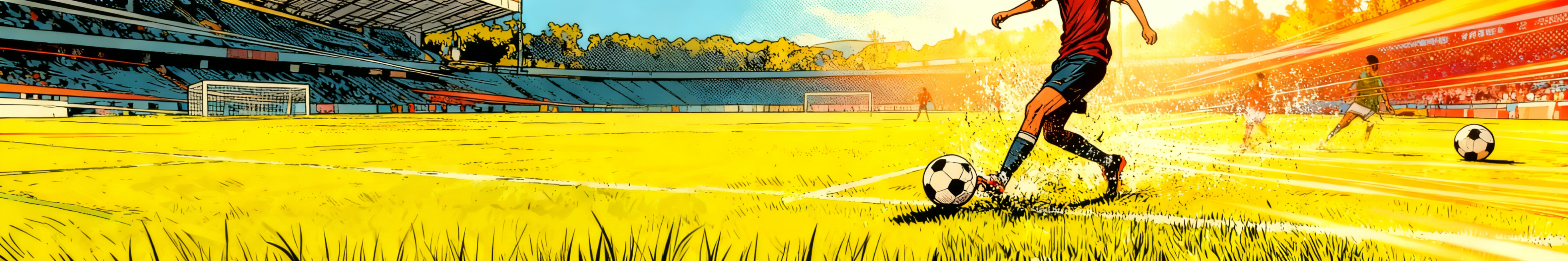 去除画面中的酵素饮瓶子和棕色桌子，补全被遮挡的足球场草地部分，保持手绘漫画风格和运动氛围预览效果