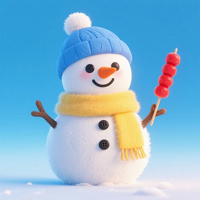 一个萌系雪人形象。它戴着蓝色帽子，系着黄色围巾，面带微笑，手里拿着糖葫芦。蓝色渐变背景。