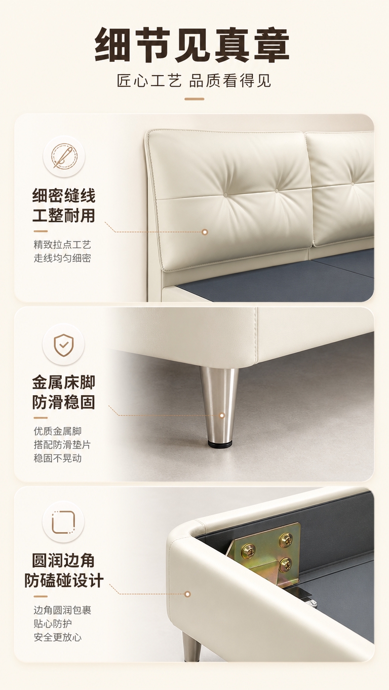 [商品] 使用【图1】奶油白色软包床头双人床；保留床脚、床框边… - 图片创意预览