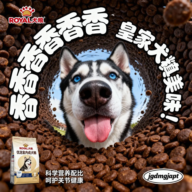 超级超级变形鱼眼变焦镜头，第一人称视角，狗狗伸头，超特写呆萌哈士奇面部占据画面中心，黑白色毛发，冰蓝色眼眸，正舔着舌头，周围大量深棕色狗粮颗粒从边缘向中心漩涡状聚拢。左上角有“ROYAL 犬粮”品牌标预览效果