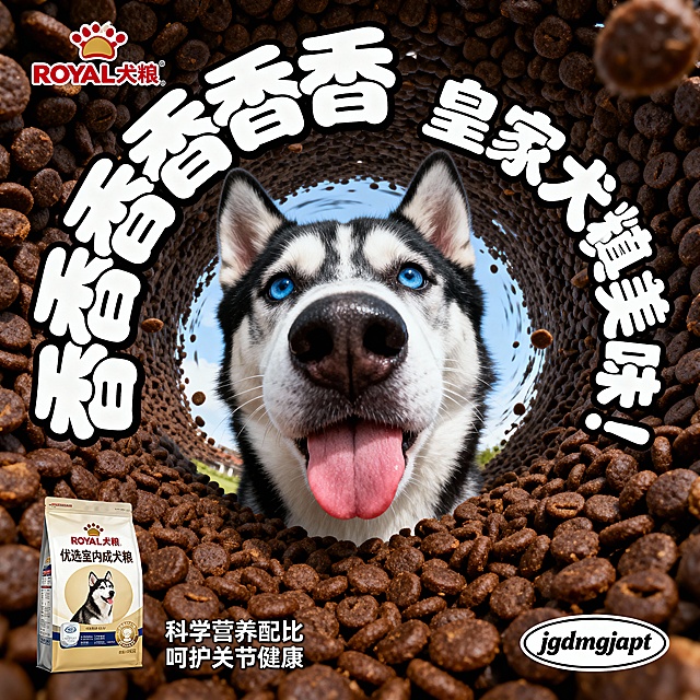 大字风与拟人风结合，哈士奇萌趣探头，狗粮环绕形成隧道视觉冲击，印刷风文字强化促销感，粒子风动态点缀，趣味十足。