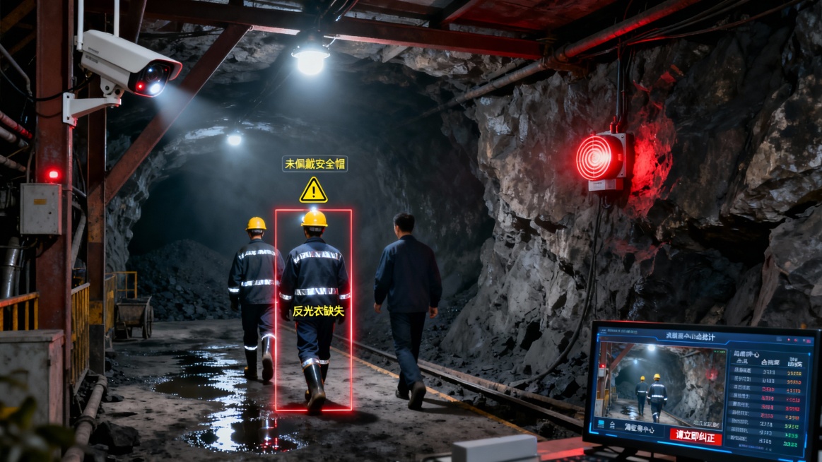 画面以煤矿井下巷道入口或作业平台为背景，突出真实复杂的工业环境。光线主要来源于矿工头灯和顶部的矿用照明，整体色调偏暗且带有粉尘感，地面有积水反光，环境细节丰富。

前景中，三名矿工正走向作业区域。其中预览效果