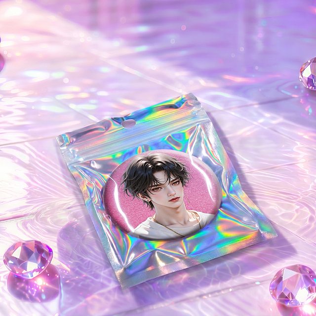 将图一镭射袋中的吧唧图案替换为图二的黑发男性角色形象（保留粉色闪粉背景与圆形吧唧轮廓），确保替换后吧唧仍处于袋内位置，镭射袋褶皱、反光、阴影及整体场景光影关系（如地面波纹光效、水晶反射）保持不变，画面协调自然