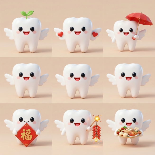 以图片为原型，做一组不同动作的统一IP插画，并规整排列，这个IP形象为一颗洁白的短粗体牙齿，它的眼睛圆圆的，嘴巴微笑着，旁边有个小翅膀，每个元素均有统一纯色背景和圆润3D造型。六个动作分别是：1.头顶预览效果