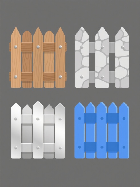 一套四个不同材质的栅栏图标集合，规整排布在纯色背景上，保持相同的尖顶竖条与水平横档结构及金属铆钉细节。第一个为原木色木质栅栏，呈现清晰木纹肌理与温暖色调；第二个为浅灰色石质栅栏，展现石材的颗粒感与冷硬质感；第三个为银白色金属栅栏，带有金属光泽与光滑表面；第四个为蓝色塑料栅栏，呈现均匀的塑料质感与鲜亮色彩。所有图标均为扁平化设计风格，线条简洁，色彩鲜明，整体布局整齐划一。预览效果
