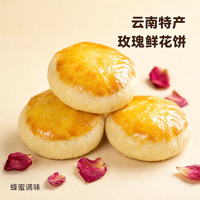 [商品] 使用【图66】的鲜花饼；保留饼体圆润形状、刷蛋液的金黄油亮酥皮、饼体大小比例（该保留项 4 张全部沿用）；不出现礼盒、包装、认证徽章、销量评分等元素。
[画面] 搜索首图：暖白至浅米色棚拍底，2-3 枚完整鲜花饼以约 45° 斜角叠放、居中偏左，顶部与旁侧自然散落几瓣干玫瑰花瓣作视觉钩子；主体占画面 60%-70%；干净留白、浅景深，无多余道具。
[光影质感] 45° 侧光突出酥皮油亮质感与烘烤光泽，底部有柔和接触阴影，典型食品摄影棚质感。
[配色] 暖白与浅米色主调，玫瑰红仅用于花瓣点缀。
[文字版式] 右上角主标题两行“云南特产”“玫瑰鲜花饼”深棕色圆润粗黑体大字；左下角小字副文案“蜂蜜调味”中棕色常规字；文字合计面积不超过画面 1/5；全部横排不加标点，不遮挡饼体与花瓣。
[输出要求] 1:1 比例，文字清晰锐利、产品清晰；负向：礼盒、包装、认证徽章、销量评分、极限词、变形、色差、错字、竖排或旋转文字、模糊、水印、平台Logo。