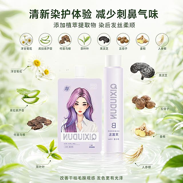 [主图-4] 植萃染护使用体验卖点主图
[氛围风格] 清新植萃天然风 纯净通透 成分可视化 高级质感
[画质] 商业产品摄影质感 光线柔和通透 成分元素清晰真实 画面干净高级
[元素] 画面中央摆放染发膏套装产品 保持外观与输入产品图一致 产品周围环绕悬浮着各种植萃成分原料 包括金黄洋甘菊花 库拉索芦荟叶片 何首乌根切片 茶叶叶片 黑灵芝 五倍子 姜根 人参根 每种成分都有细线引出标注名称 成分元素大小错落 有层次感 背景为柔和的浅绿到浅白渐变 底部有轻微的水波纹效果 营造水润感 商品主体占比约55% 画面满屏无边框
[光影] 顶部柔光为主 四周补光 成分元素有轻微透光感 整体通透明亮 植物叶片有自然光泽 光比柔和 高级感强
[配色] 主色调浅绿+米白 辅助色浅紫（产品）+鹅黄（花朵） 文字色深绿色
[视角构图] 平视视角 产品居中 植萃成分环绕四周 上方留文案空间 景深中等 背景柔和虚化
[文字版式] 画面上方居中排版 主标题最大号粗体深绿色 写"清新染护体验 减少刺鼻气味" 副标题在下方 字号约一半 写"添加植萃提取物 染后发丝柔顺" 副标题下方横向排列8个小图标 分别对应8种植萃成分 图标下方标注成分名称 最下方小字写"改善干枯毛躁观感 发色更有光泽" 文字清晰可读 不遮挡产品主体
[输出要求] 1:1比例 文字清晰锐利 超高清商业摄影质感
[负向提示词] 变形 文字错乱 产品图模糊 背景杂乱 水印 电商平台Logo 多余的手 畸形手