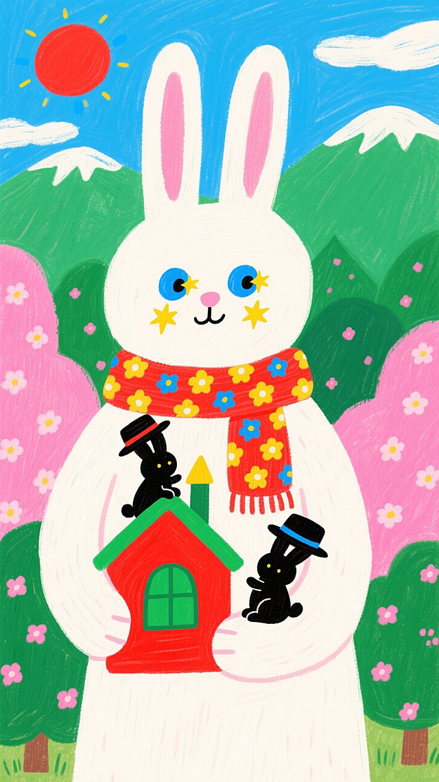 插画风格，儿童书籍风格，梦幻主题，高饱和度，粉绿配色，一只白色大兔子位于画面中央，脖子上系着红色围巾，围巾上有黄色和蓝色的小花图案。兔子的眼睛是蓝色的，瞳孔中带有黄色的星星图案，非常可爱。兔子的左手拿着一个红色的小房子，房子上有绿色的窗户和门，屋顶呈尖顶状。兔子的身上还坐着两只黑色的小兔子，它们戴着黑色的帽子，非常小巧。背景中有连绵的山脉、绿色的树木、粉色的花朵和蓝色的天空，天空中有一个红色的太阳和一些白色的云朵。绘本风格，全景构图，梦幻氛围。