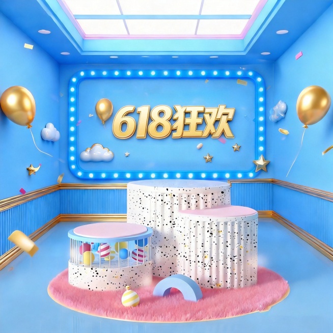 将图片中的“双11狂欢”替换为“618狂欢”，文字改成金色立体效果，保持其余场景元素不变，整体风格一致，3D卡通电商展示场景预览效果