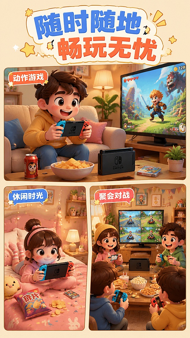 [第6屏] 使用场景 - 多种游戏场景佩戴使用展示。本屏使用【图5】作为产品主体。
[氛围/风格] 卡通游戏生活场景，温馨有趣，代入感强。
[元素布局] 画面采用三格漫画式布局，展示三个使用场景：上格 - 客厅沙发上卡通人物手持Switch玩动作游戏的场景；左下格 - 床上躺着玩掌机模式的休闲场景；右下格 - 朋友聚会多人对战的欢乐场景；每个场景中手柄都清晰戴着摇杆帽；背景有游戏卡带、零食、抱枕等生活化卡通元素。
[光影质感] 温暖柔和的室内光，每个小场景有独立光源，整体明亮温馨。
[配色色系] 全局统一底色 #FFE8CC（与前屏一致）；主色：暖色调家居色+红蓝手柄色；辅助色：米白、浅棕、淡粉。
[视角构图] 三格拼图式布局，上一下二，阅读动线从上到下、从左到右。
[文字版式] 顶部大标题「随时随地 畅玩无忧」；每个场景角落有小标签：「动作游戏」「休闲时光」「聚会对战」；文字采用卡通气泡框样式，活泼有趣。
[比例分辨率] 9:16 竖版比例，4K分辨率，文字清晰可辨，高清画质。
[负向提示词] 产品变形，颜色改变，水印，人物写实，场景阴暗，风格不统一。