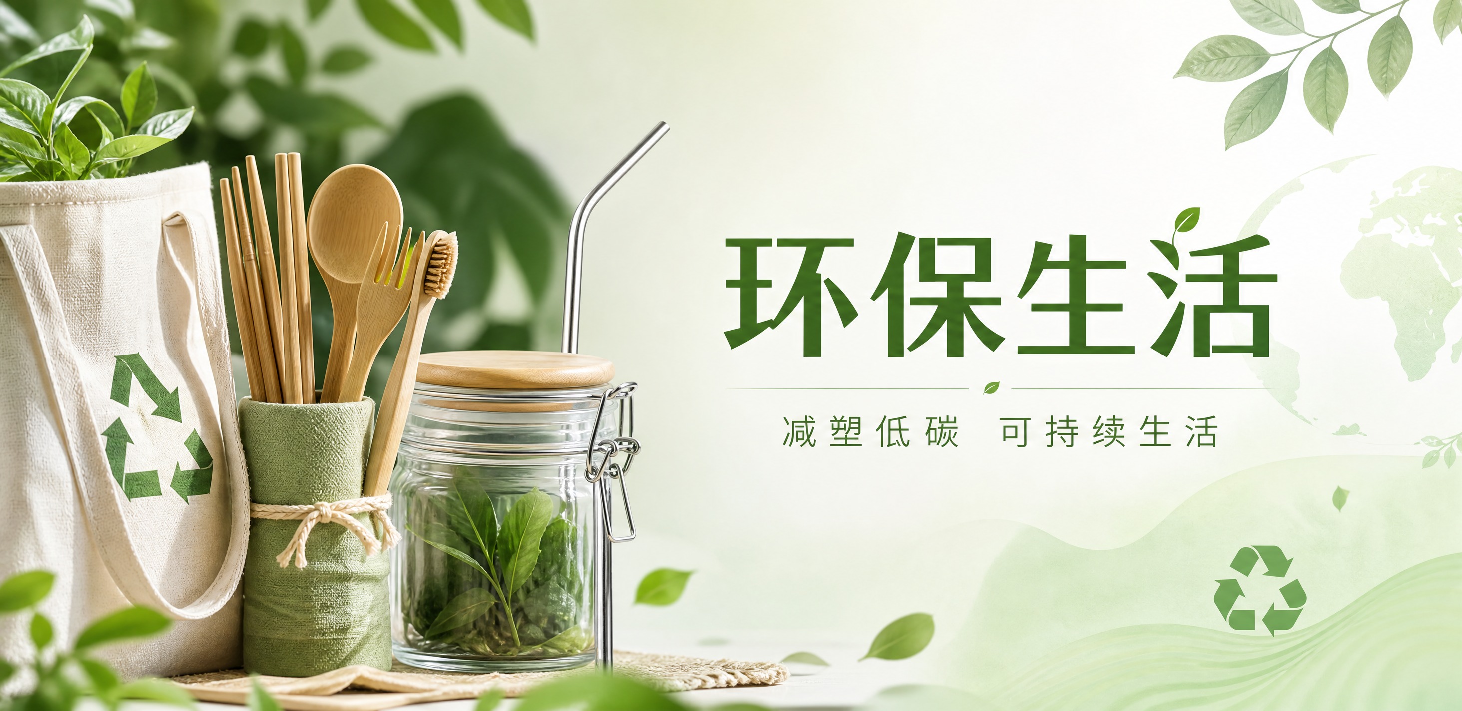 清新环保生态风格分类导航海报，横版构图。画面左侧为环保生活产品… - 图片创意预览