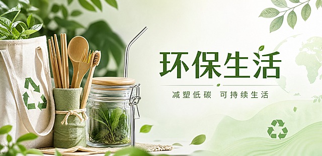 清新环保生态风格分类导航海报，横版构图。画面左侧为环保生活产品实物摄影：竹制餐具、布购物袋、玻璃储物罐、可降解牙刷、不锈钢吸管，零废弃生活方式物品，真实产品质感，自然光影。右侧留白区域放置大标题文字"环保生活"，字体简洁自然，下方小字副标题"减塑低碳 可持续生活"。背景为浅绿与米白渐变，点缀树叶、地球图案、回收标志，柔和自然光，整体色调清新环保，绿色与白色为主色调，排版精美，商业摄影质感，超高清细节