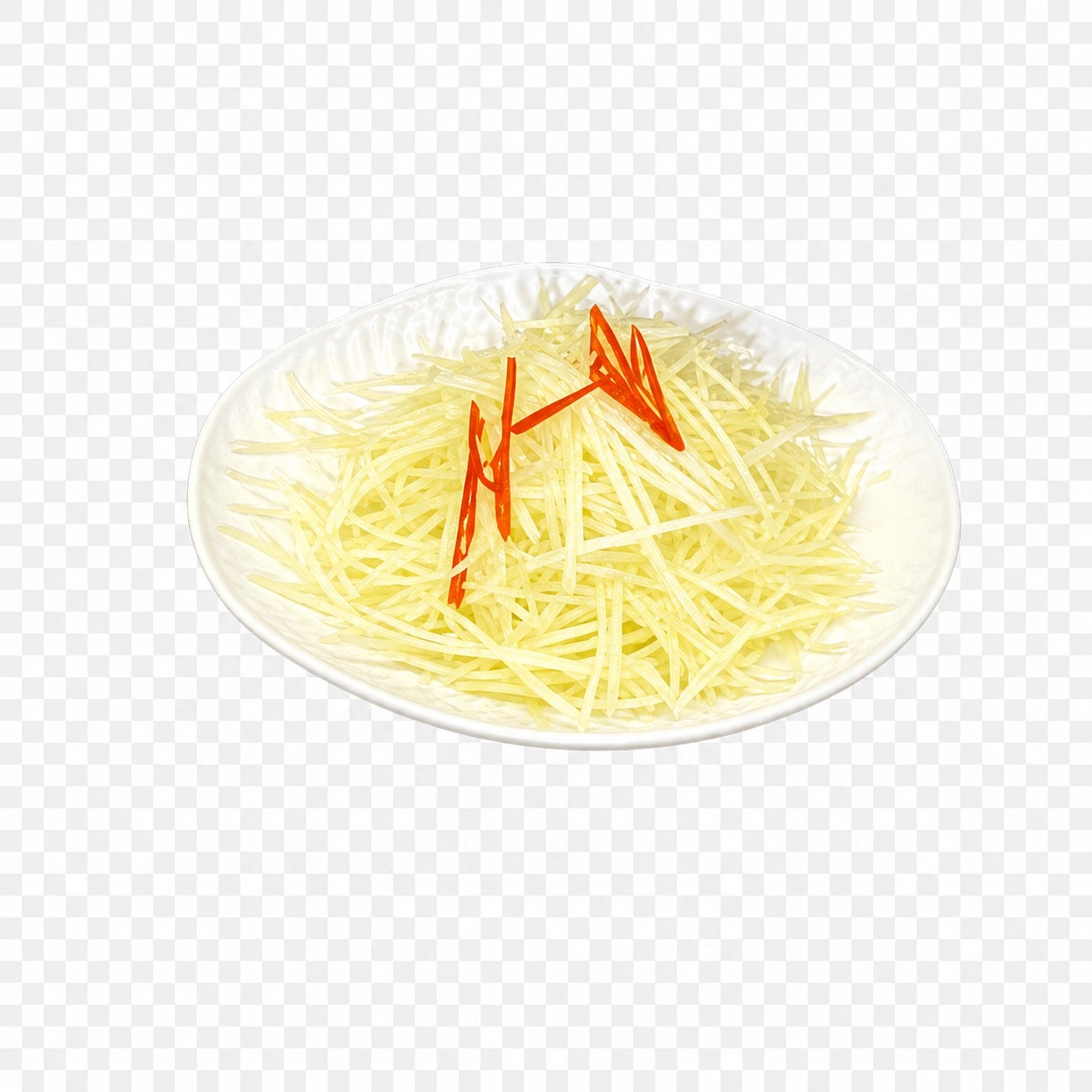 保留图片中右上方白色圆盘装土豆丝配红椒丝这一道凉菜，完整保留盘… - 图片创意预览