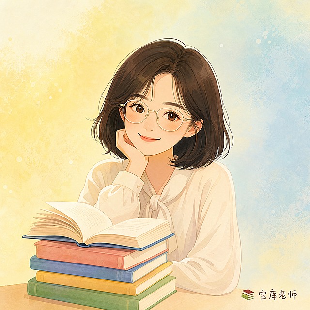 小红书头像，插图大字风格，ins清新文艺风，版式精美，小红书笔记封面质感，温暖亲切有书卷气。画面主体为一位年轻女老师的扁平插画头像，齐肩短发，戴细框眼镜，温柔微笑，气质知性书卷气。女老师手边放一摞彩色封面的书，最上面一本打开着，书页微微翻开。背景为柔和的暖黄色到莫兰迪浅蓝色的渐变弥散背景，温暖治愈，呼应宝库的温暖感。右下角小字装饰文案逐字锁定：「📚 宝库老师」，字体为圆润手写体，深棕色或深灰色，字号小巧精致。整体氛围：温暖、亲切、值得信赖、有知识感，适合作为小红书个人头像。画质：高清细腻，色彩柔和，人物与背景层次分明，文字清晰可读，画面比例1:1正方形构图，四周留适当边距。