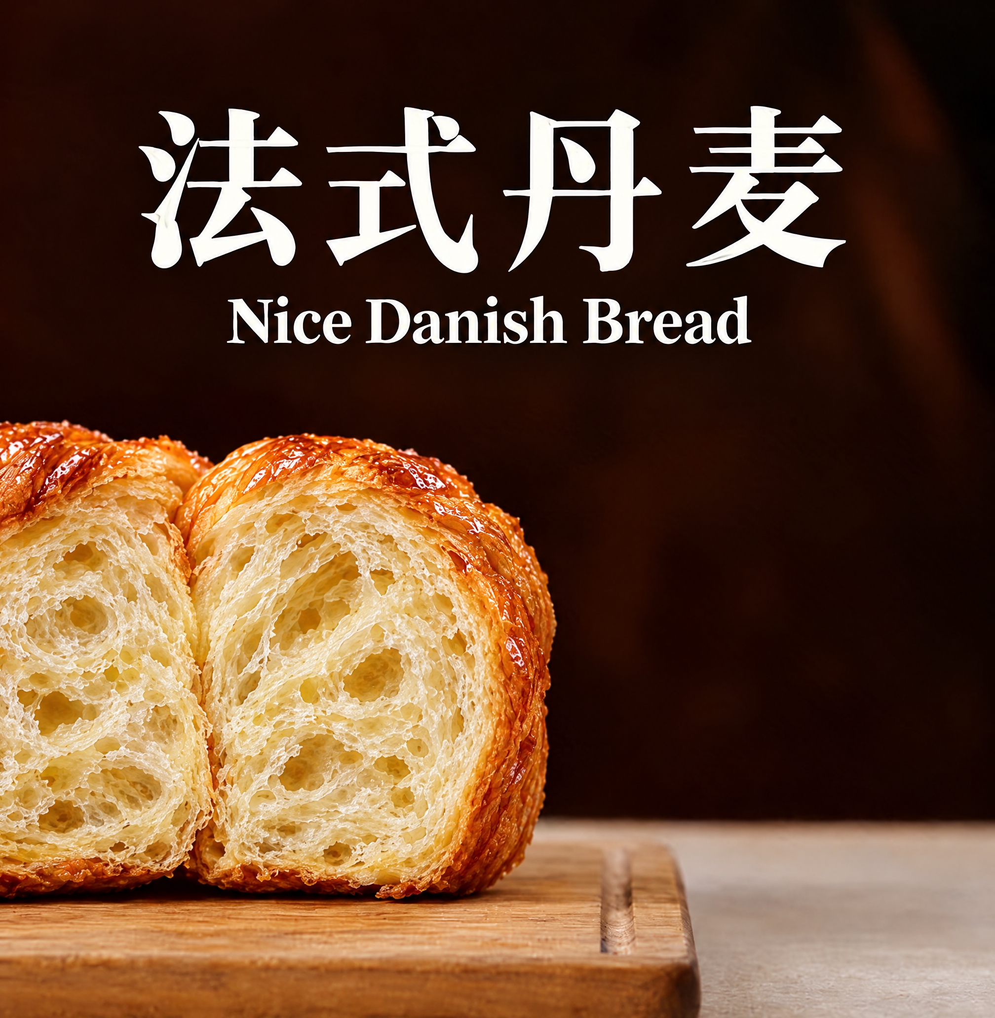 保持深棕色暖调背景、上方居中的文字“法式丹麦”和“Nice D… - 图片创意预览