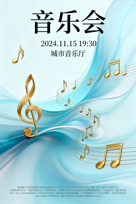 浅蓝色渐变流动背景，搭配金色的高音谱号、音符和五线谱元素，整体风格优雅大气，属于音乐会海报的视觉风格，文字部分预留排版位置预览效果