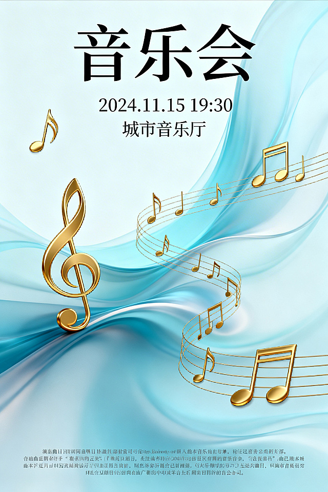 浅蓝色渐变流动背景，搭配金色的高音谱号、音符和五线谱元素，整体风格优雅大气，属于音乐会海报的视觉风格，文字部分预留排版位置