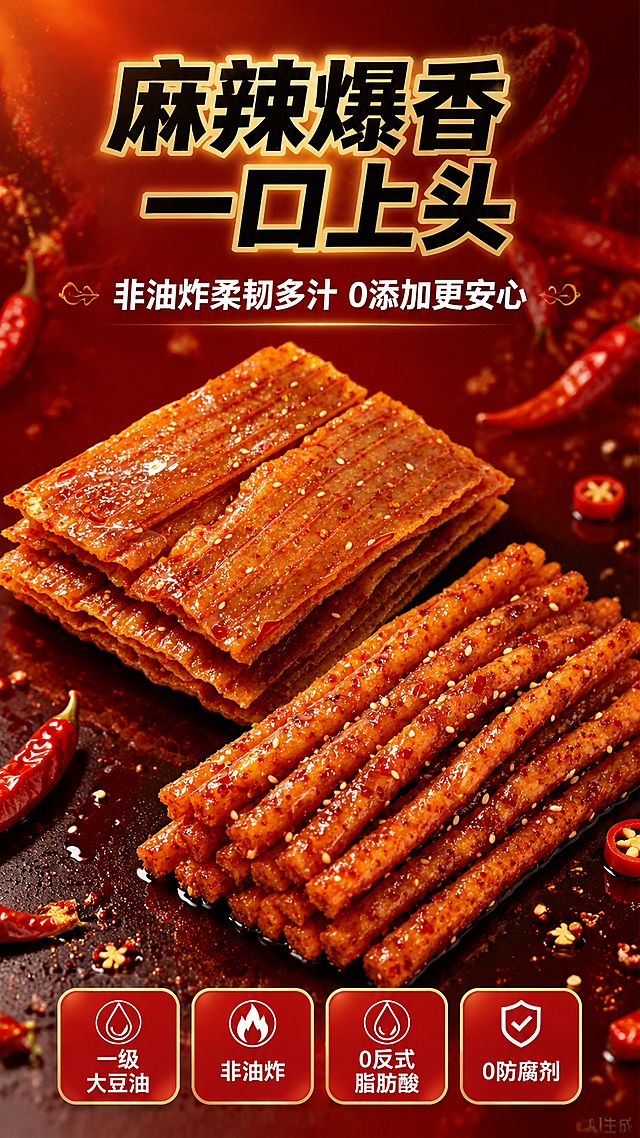 [第1屏] 详情页头图-爆香麻辣片&爆汁麻辣棒辣条双款全家福主视觉海报。本屏使用【图1】麻辣片置于画面左上区域、【图2】麻辣棒置于画面右下区域，两款组合呈现。
[氛围/风格] 热烈食欲冲击感，抖音竖屏强视觉节奏，商业美食摄影质感，红油亮泽、芝麻颗粒分明，香辣诱人。
[元素布局] 画面中央偏下为双款辣条组合陈列，麻辣片叠放于左上，麻辣棒成捆斜放于右下，形成对角呼应；前景散落白芝麻、红辣椒碎、几滴红油，增加食欲层次；背景为深红色渐变，带细微辣椒纹理与暖光晕染；产品占比约65%，保持片状压纹、棒状圆柱、红油色泽与输入图完全一致。
[光影质感] 左上方45°硬柔光打亮，红油表面形成高光反射，底部柔和投影，整体明暗对比强烈，突出油润透亮质感。
[配色色系] 全局底色 #8B0000 深红渐变；主色辣椒红 #D32F2F；辅助色芝麻米白 #FFF8E1、金色点缀 #FFD54F。
[视角构图] 45°斜俯视，双款产品为视觉中心，阅读动线顶部标题 → 中部产品 → 底部卖点条。
[文字版式] 顶部居中大标题「麻辣爆香 一口上头」，粗黑体带轻微金色描边；副标题「非油炸柔韧多汁 0添加更安心」，白色小字位于主标题下方；底部横向排列4个圆角胶囊卖点图标：「一级大豆油」「非油炸」「0反式脂肪酸」「0防腐剂」，红底白字；文字不遮挡产品主体。
[比例分辨率] 9:16 竖版比例，4K分辨率，文字清晰可辨，高清画质。
[负向提示词] 产品变形，缺件错件，颜色偏差，水印，文字错乱，文字过小，产品图模糊，背景杂乱，包装文字错乱。