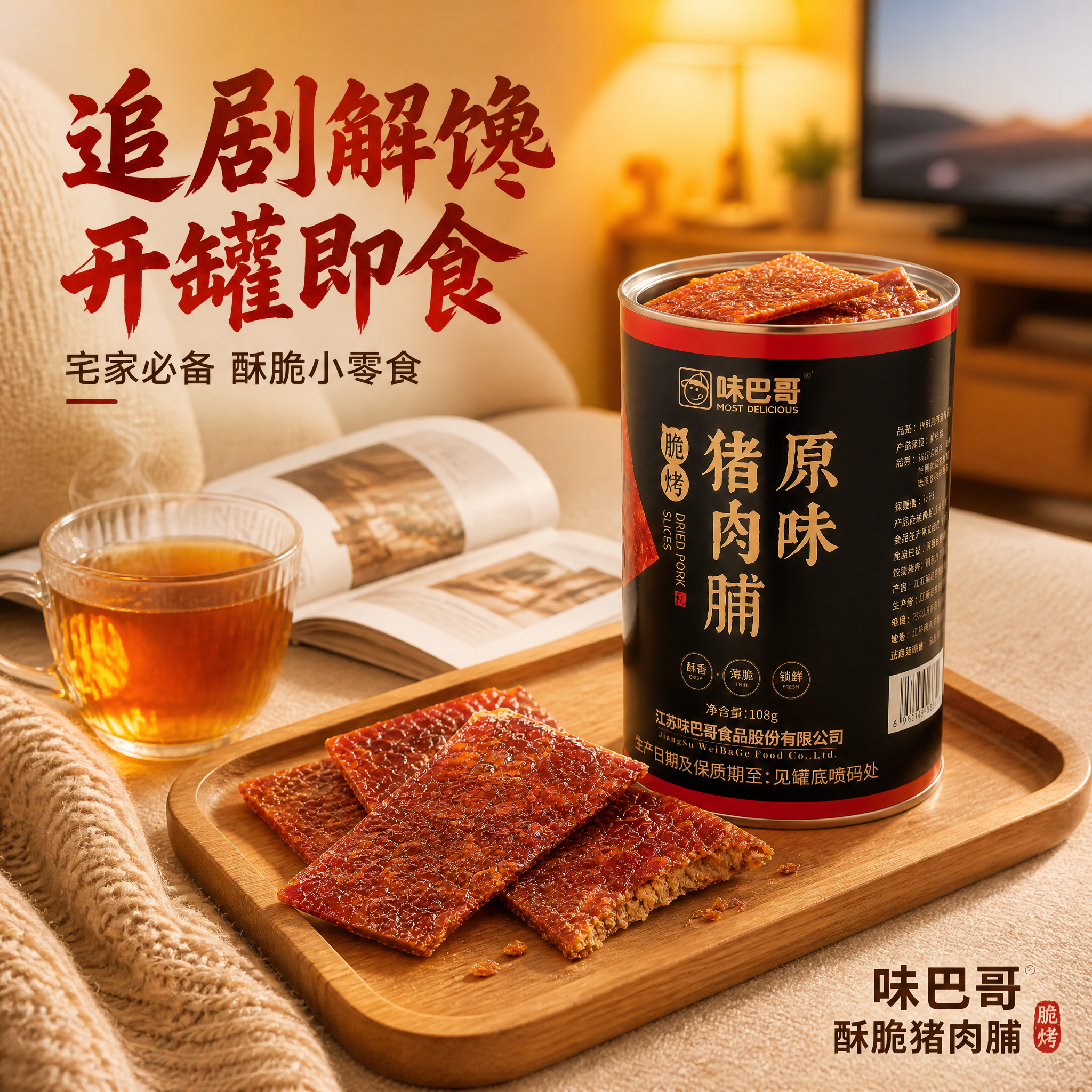 [主图-4] 味巴哥酥脆猪肉脯 食用场景 居家追剧零食。 [统… - 图片创意预览