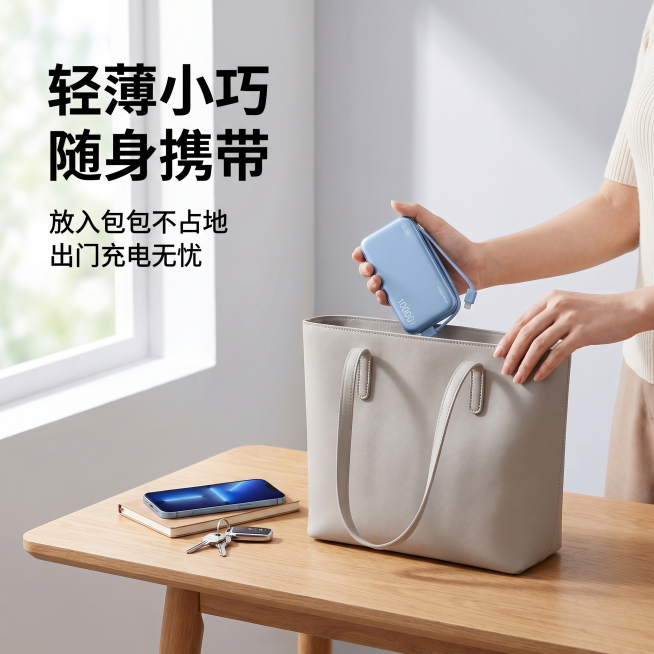 [主图-4] 充电宝便携轻薄使用场景展示
[氛围风格] 生活化科技场景，简约高级
[质感] 商业摄影质感，光线自然通透，画面干净高级
[元素] 展示充电宝放入日常随身包包内的场景，一位女生手拿着充电宝预览效果