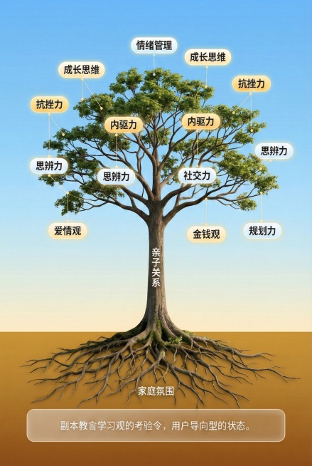 将根系部分修改得更发达，把树根处的文字“安信心”改为“家庭氛围”，树干处的“自信感”改为“亲子关系”预览效果