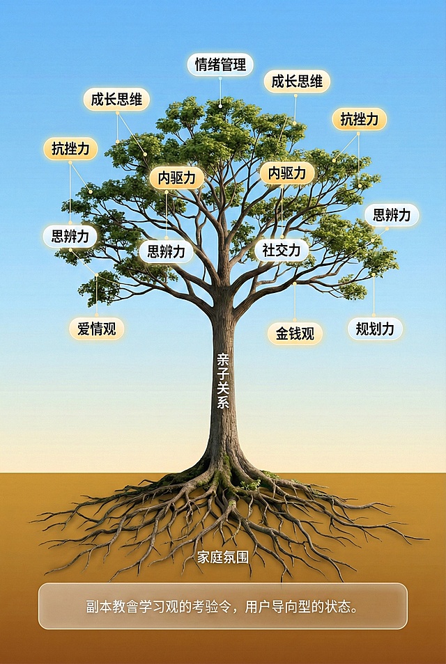 将根系部分修改得更发达，把树根处的文字“安信心”改为“家庭氛围”，树干处的“自信感”改为“亲子关系”