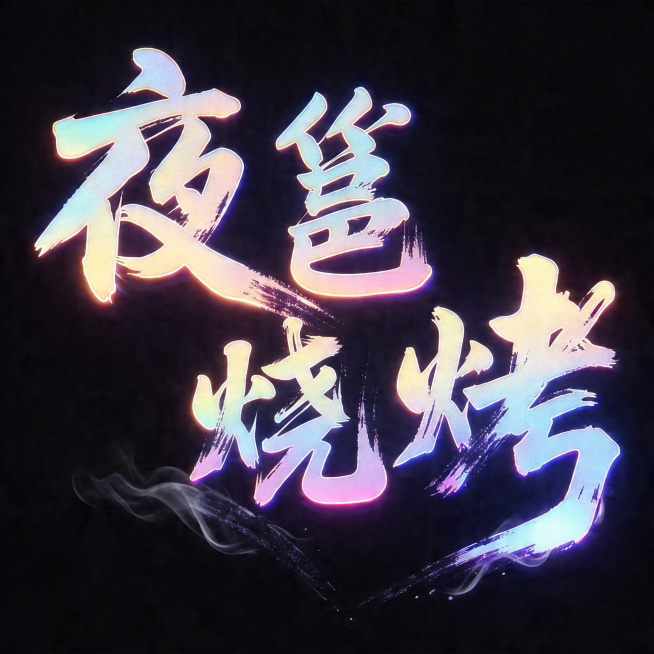 参考图风格复刻，纯黑色干净背景。书法手写体，四个字"夜邕烧烤"，炫彩渐变镭射质感，外发光霓虹描边，笔画保留毛笔刷飞白纹理，文字整体上下左右对齐排版，仅包含这四个字，不得增减文字，文字完整不裁切，四周留预览效果