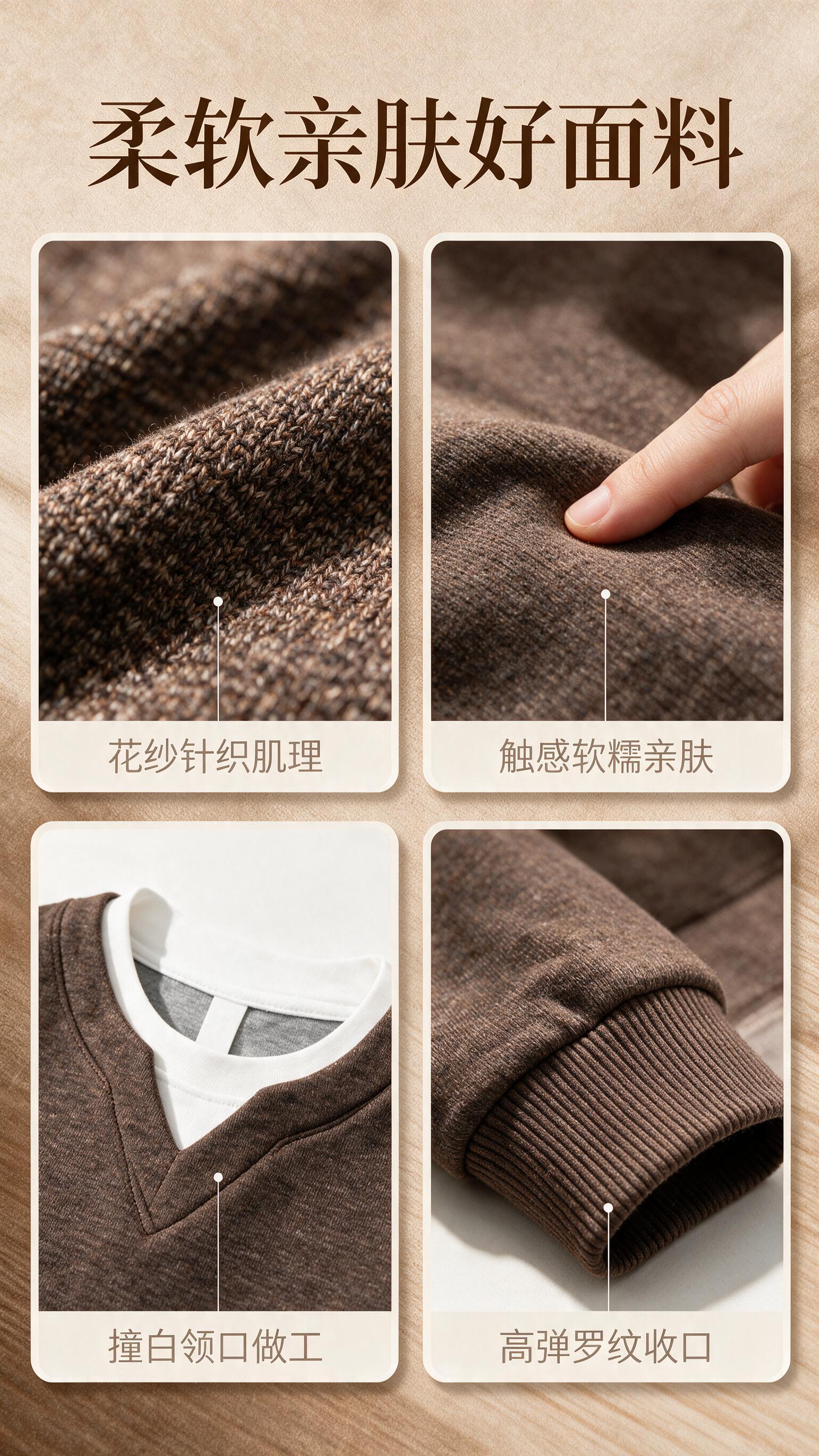 [商品] 使用【图1】咖色假两件V领撞色卫衣；商品处理：保留V… - 图片创意预览