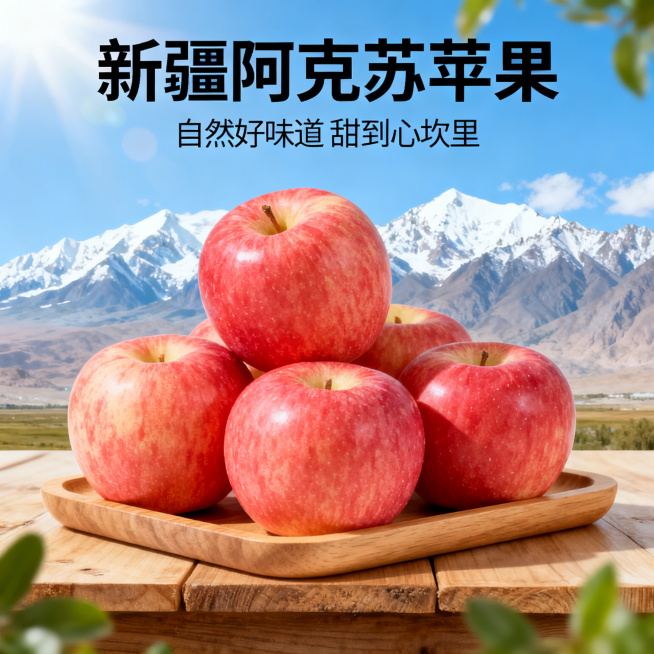 新疆阿克苏苹果电商主图，1:1比例，多个阿克苏苹果堆叠在木质托盘上，表皮色泽鲜亮，背景是新疆蓝天雪山远景，上方文字"新疆阿克苏苹果"，下方文字"自然好味道 甜到心坎里"，营造自然新鲜的氛围预览效果