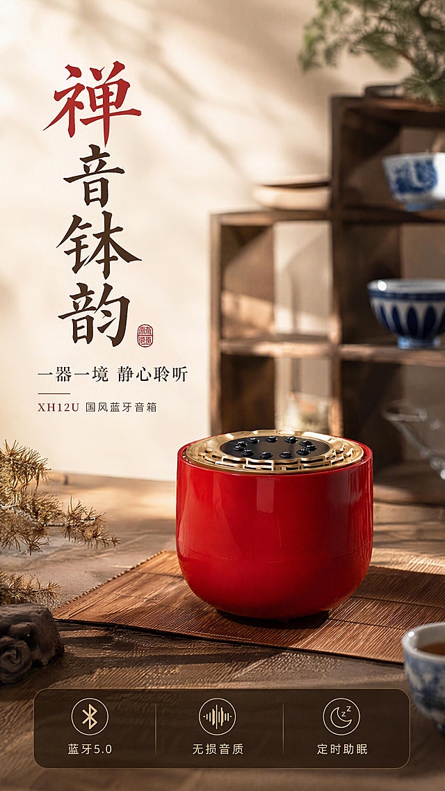 [第1张] 详情页头图-国风钵器蓝牙音箱XH12U主视觉海报。本张使用【图5】朱砂红亮面款作为商品主体。
[氛围/风格] 新中式禅意国风，雅致静谧，暖调光影，商业摄影质感，东方美学氛围感。
[元素布局] 朱砂红亮面钵器音箱置于画面中下偏右，占比约55%，放置在竹制茶席上；背景为虚化的中式博古架，隐约可见青花瓷杯、盆栽松柏等禅意元素；左侧大面积留白用于标题排版；前景有轻微虚化的茶席纹理增加层次；产品保持圆形钵器造型、顶部金色莲花纹按键区、红色亮面机身，与输入图一致。
[光影质感] 左上方45°柔和暖光打亮产品，右侧辅光勾勒轮廓，底部自然投影，整体温润通透，突出漆面光泽与金属质感。
[配色色系] 全局底色 #F5EFE6 米杏色；主色朱砂红 #B8352E；辅助色暖金 #C9A96E、深棕木色 #5C4033。
[视角构图] 正面微仰视，产品为视觉中心，阅读动线左上标题 → 右侧产品 → 底部信息条。
[文字版式] 左上竖排主标题「禅音钵韵」，下方横排副标题「一器一境 静心聆听」；标题下方小字「XH12U 国风蓝牙音箱」；底部横向信息条配三个图标标签：「蓝牙5.0」「无损音质」「定时助眠」；字体为宋体+楷体组合，字色深棕与朱砂红搭配；文字不遮挡产品主体。
[比例分辨率] 9:16 竖版比例，4K分辨率，文字清晰可辨，高清画质。
[负向提示词] 产品变形，缺件错件，颜色偏差，水印，文字错乱，产品图模糊，背景杂乱，现代感元素。