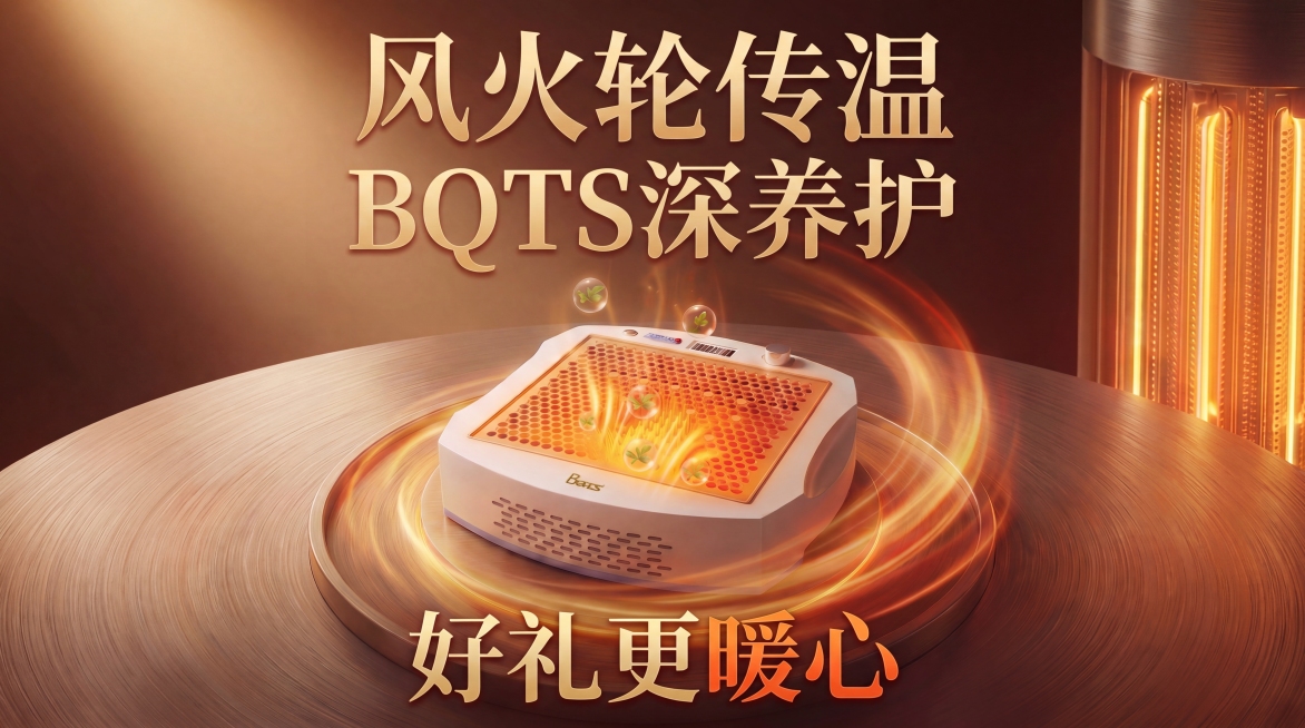将当前海报按16:9横版比例重新生成，内容完全保持不变：风火轮传温 BQTS深养护 好礼更暖心，产品主体、光影效果、文字排版、质感风格均一致，仅调整画面构图适配横屏尺寸预览效果