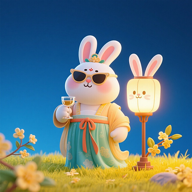 3D卡通风格，拟人化兔子身着中式服饰，手持酒杯，旁有兔形灯笼，营造中秋佳节温馨氛围。
