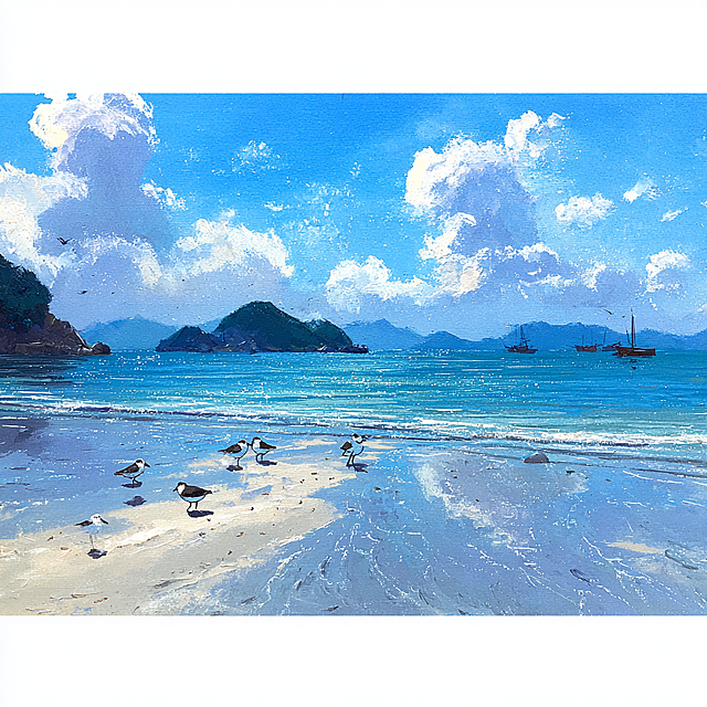 现代美学，色彩颗粒，丙烯画、布面油画，色粉画，岩彩画，扁平化，光影艺术，插画、绘本插图、风景、自然主题、肌理触感等，复杂的细节，细致的描绘，肌理纸制作与画面特殊效果的把控是作品的灵魂，画面细腻耐人寻味、如肌理纸上的二次创作，如画、划等手法、特定色彩与肌理效果，画我所熟悉的海滩、几只鹬鸟、云朵、波光粼粼的海面上的船只和美丽的风景等主题。她每天都在进行绘画实验，在形状、颜色和线条上变得更加自由和具有实验性。