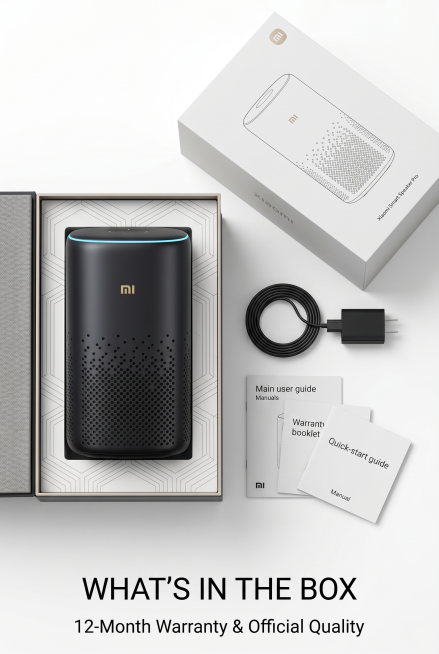 2:3竖屏，高级极简礼盒式展示，纯白干净背景，Xiaomi Smart Speaker Pro与包装盒、电源线、说明书整齐陈列，严格还原上传的小米AI智能音箱产品图，包括哑光深空黑机身、金色MI居中L预览效果