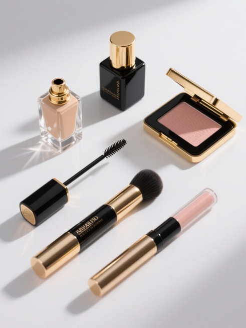 超写实3D渲染风格，纯白纯色背景，高光泽金属质感与细腻膏体纹理，光影效果为顶部斜射柔光形成明显高光与渐变阴影，六个化妆品元素规整排布组成系列集合：金色瓶盖黑色瓶身的香水、透明菱形切割面的粉底液瓶、带金色装饰的黑色睫毛膏管、玫瑰金色外壳的腮红刷、方形黑色眼影盘配金色边框、圆柱形高光修容棒，每个元素均保持与原图一致的高反光材质、精致细节刻画和45度角倾斜摆放，整体构图对称平衡，色彩以黑金色为主色调……预览效果