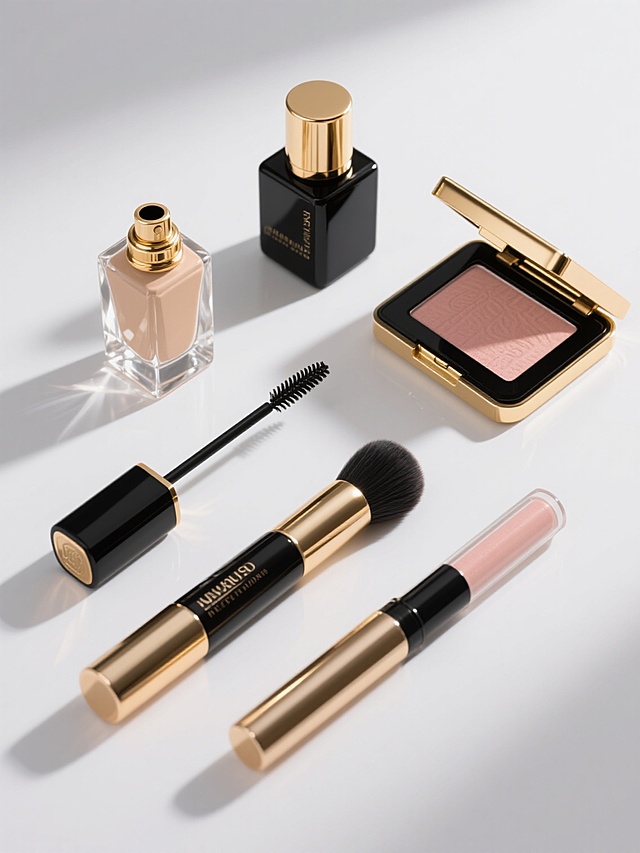 超写实3D渲染风格，纯白纯色背景，高光泽金属质感与细腻膏体纹理，光影效果为顶部斜射柔光形成明显高光与渐变阴影，六个化妆品元素规整排布组成系列集合：金色瓶盖黑色瓶身的香水、透明菱形切割面的粉底液瓶、带金色装饰的黑色睫毛膏管、玫瑰金色外壳的腮红刷、方形黑色眼影盘配金色边框、圆柱形高光修容棒，每个元素均保持与原图一致的高反光材质、精致细节刻画和45度角倾斜摆放，整体构图对称平衡，色彩以黑金色为主色调搭配产品本身色彩点缀，营造高端奢华的化妆品系列视觉效果。