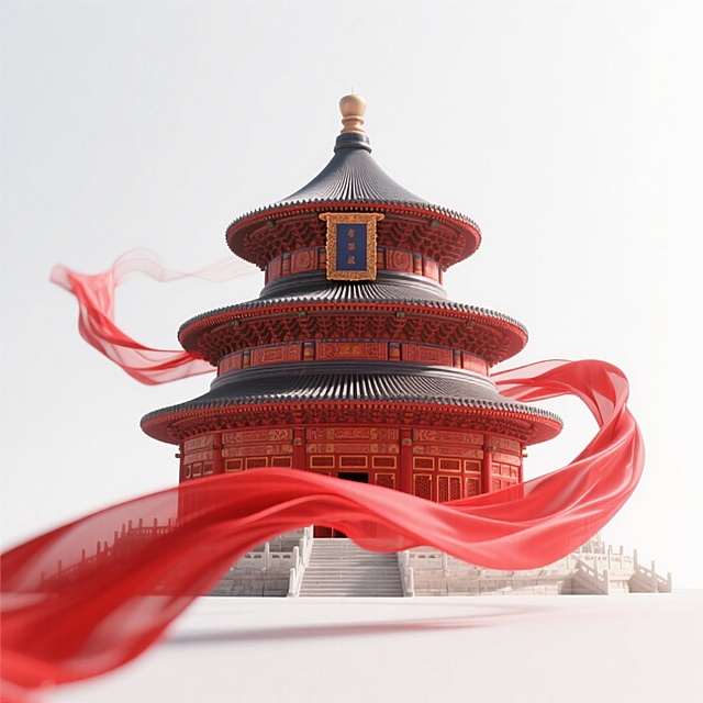 红色飘扬的环绕着天坛，白色背景