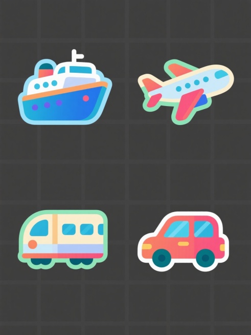 四个不同色彩主题的卡通风格交通工具图标系列，包含邮轮、飞机、火车和汽车，每个图标均采用简约扁平设计，轮廓清晰，色彩鲜明，具有光滑的渐变过渡和轻微的阴影效果，背景为纯色，整体呈网格状规整排布，保持一致的艺术风格和视觉统一性。预览效果